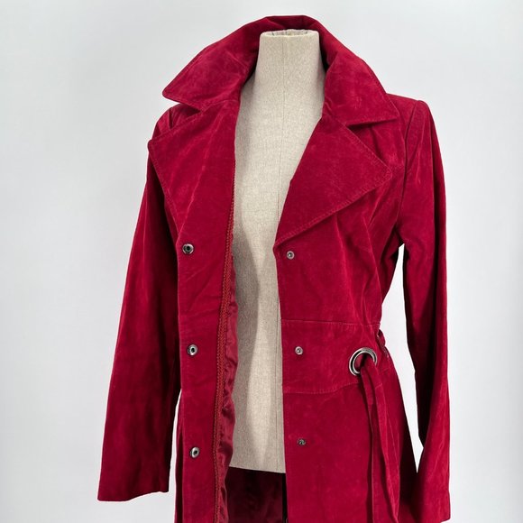 Bradley Bayou Cranberry Red Suede Leather Coat with Grommets/Sash Tie Size S - Picture 6 of 8